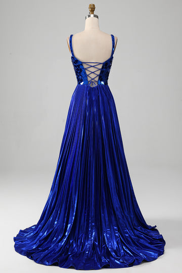Sparkly Royal Blue Lace-Up Back Ball Dress with Slit